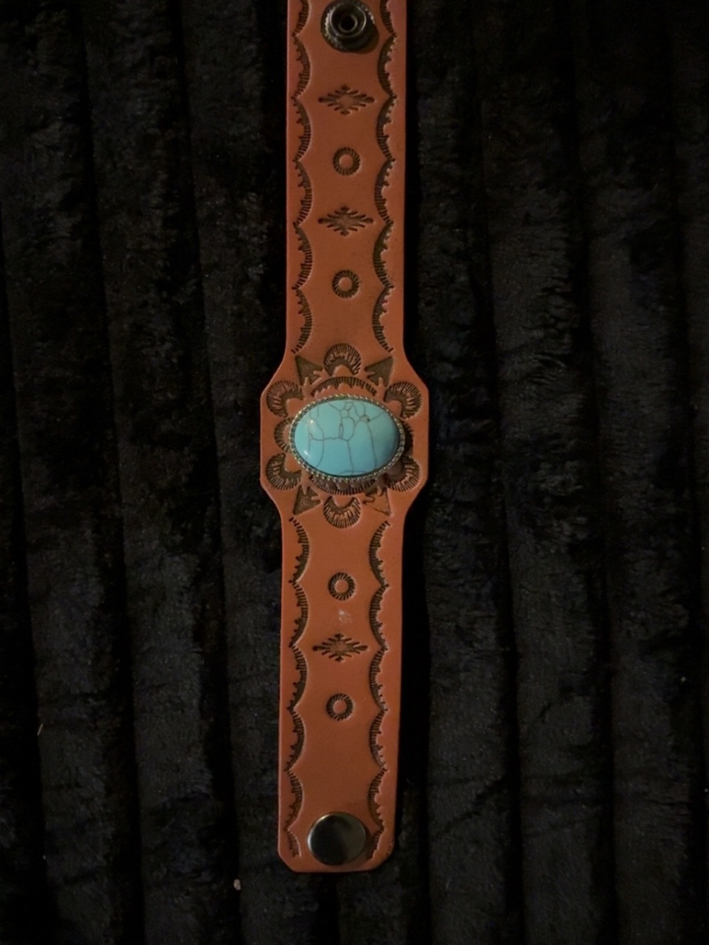 Hand-Tooled Brown Leather Cuff with Turquoise Stone